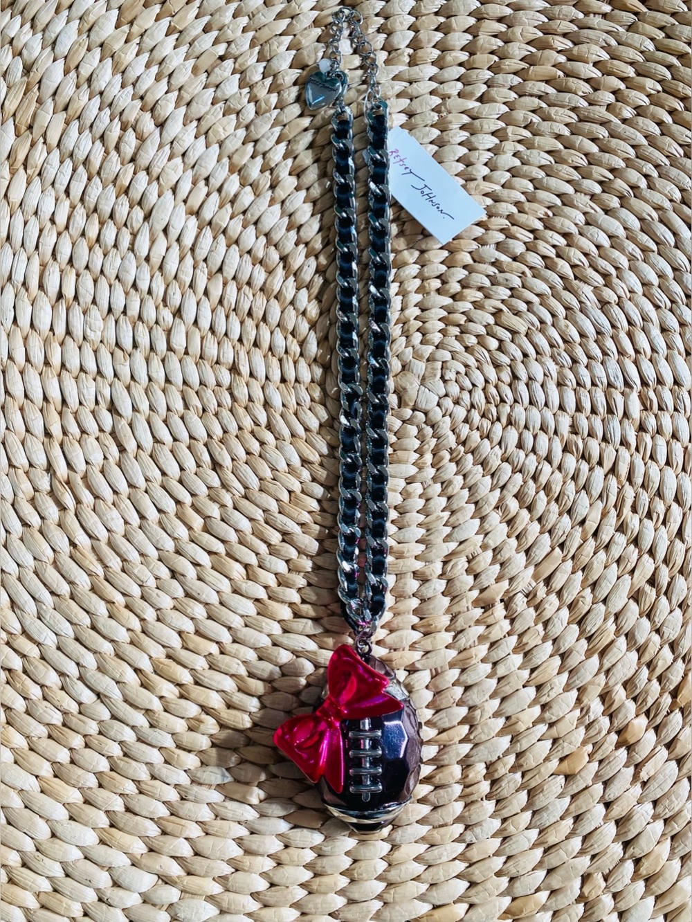 NWT Betsey Johnson Kick Off Bow Football Pendant Statement Necklace Silver